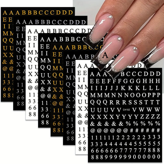 8 Sheets Letters Nail Art Stickers Number Nail Decals Self-Adhesive Luxury Gold Silver English Alphabet Nail Sticker Black Wh