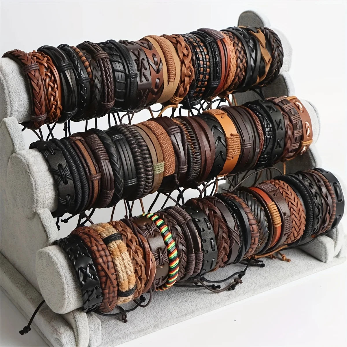 20Pcs Braided Leather Bracelets for Men Women Wrap Wood Beads Cuff Bracelet Hemp Cords Ethnic Tribal Handmade Wrap Wristband 
