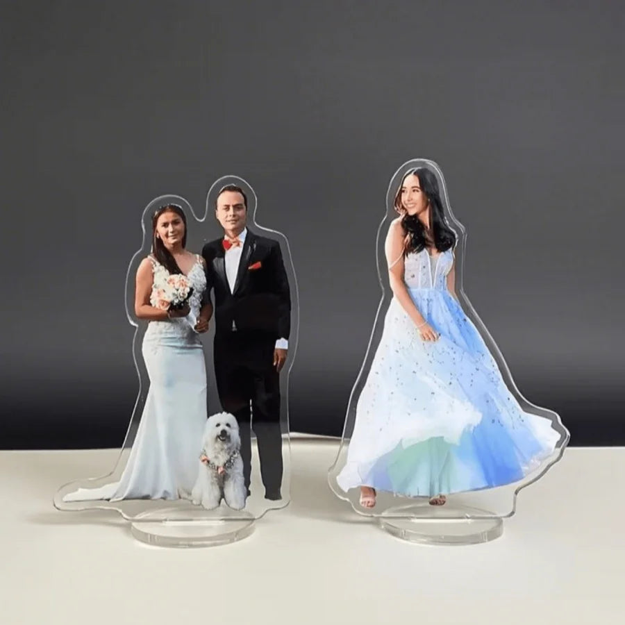 A custom acrylic desktop decoration with personalized photo options, including artistic images, couple portraits, and family 
