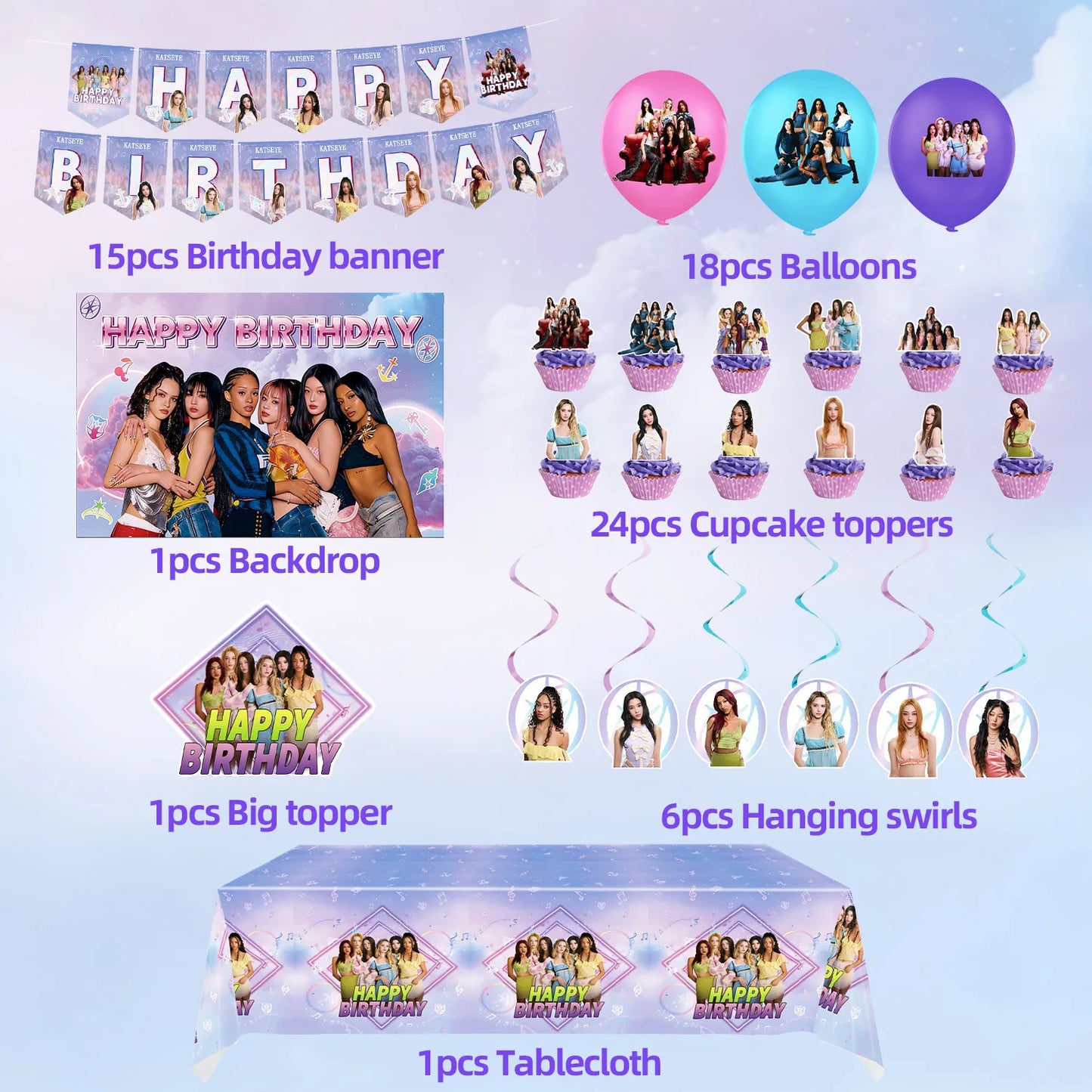 K-Katseye Birthday Decoration Kpop Girl Group Napkin Balloon Cup Plate Tablecloth Banner For Girls Festival Party Fans Gift -