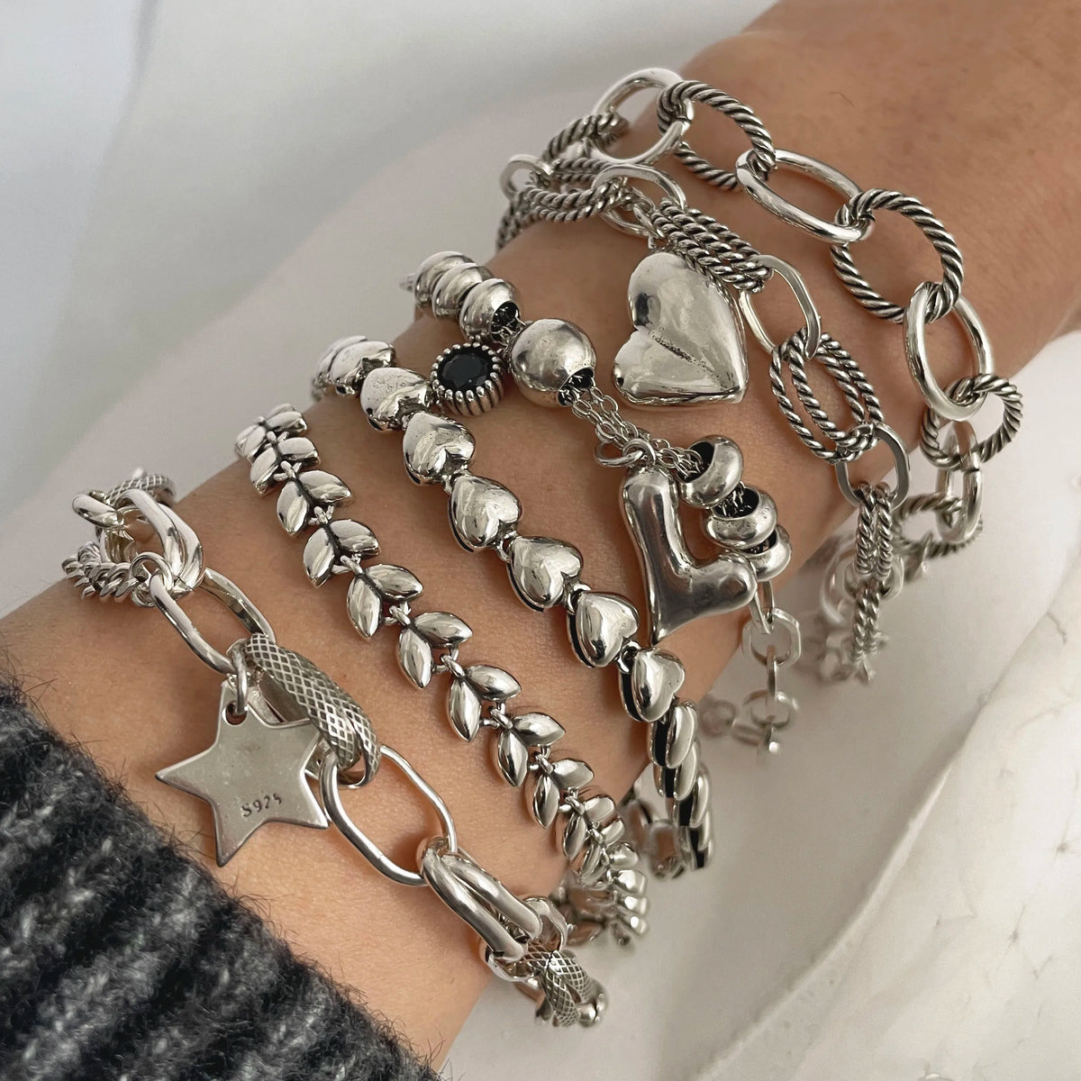 100% Solid 925 Sterling Silver Metal Bracelet for Women Vintage Handmade Simple Retro Heart Chain Bracelet Birthday Gift Part