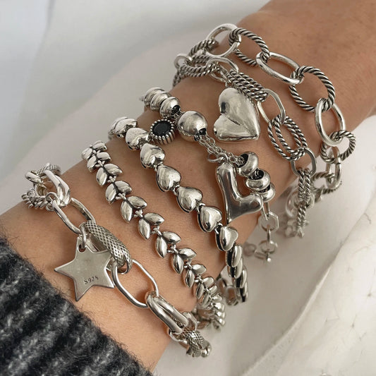 100% Solid 925 Sterling Silver Metal Bracelet for Women Vintage Handmade Simple Retro Heart Chain Bracelet Birthday Gift Part