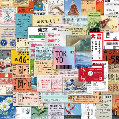 60PCS INS Style Stamp Sticker Japanese Postcard Ticket Stationery Travel Diary Luggage Waterproof Helmet Stickers - 60pcs