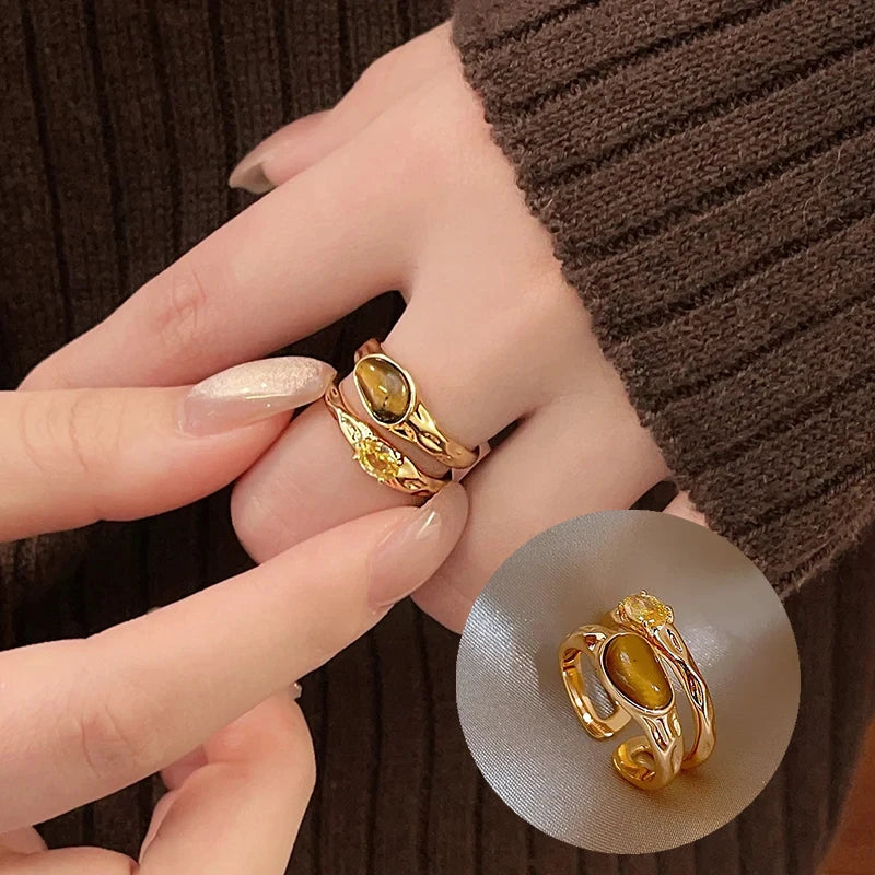 European and American Retro Metal Geometric Rhinestone Contrasting Open Rings For Women‘s Trendy Jewelry Finger Accessorioes 