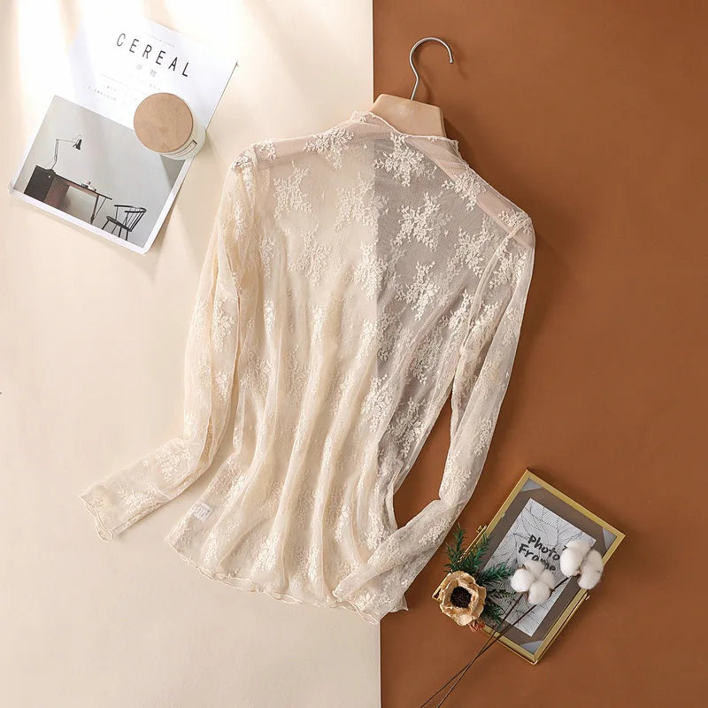 Sexy Women Mesh T-Shirts Transparent Lace Blouse Long Sleeve See Through Tops For Women Bottoming Shirt Sheer Tees Body Crop 