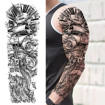 1 Sheets Wolf Lion Tiger Maori Temporary Tattoos For Men Women Adults Full Sleeve Arm Flower Rose Skull Tattoo Sticker Decor 