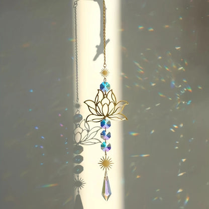1PcMetalLotusandArtificial Crystal Suncatcher Charm Handmade Applicable Home Wind Chime Pendant Outdoor Garden Plant Decorati