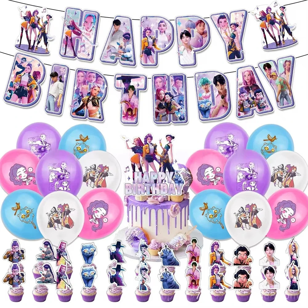 K-Pop Theme Disposable Tableware Set for Kids Birthday Baby Shower Party - Paper Plates Cups And Tablecloth with Birthday Ban