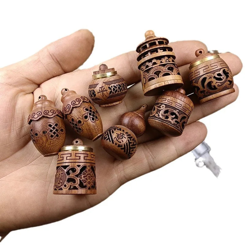 Wood Hollow Carved Aromatherapy Bottle Mini Vase Pagoda Car Hanging Decoration Fragrance Diffuser Bottle Sealed Jar Pendant