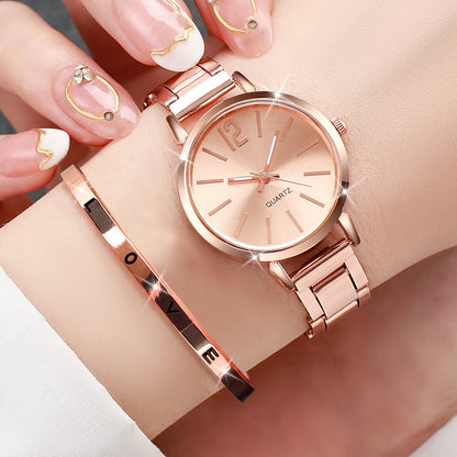 2PCS Women's Watch Fashion Gold Steel Band Quartz Wristwatch Opening Cuff Bracelet Set - Rose Gold Set