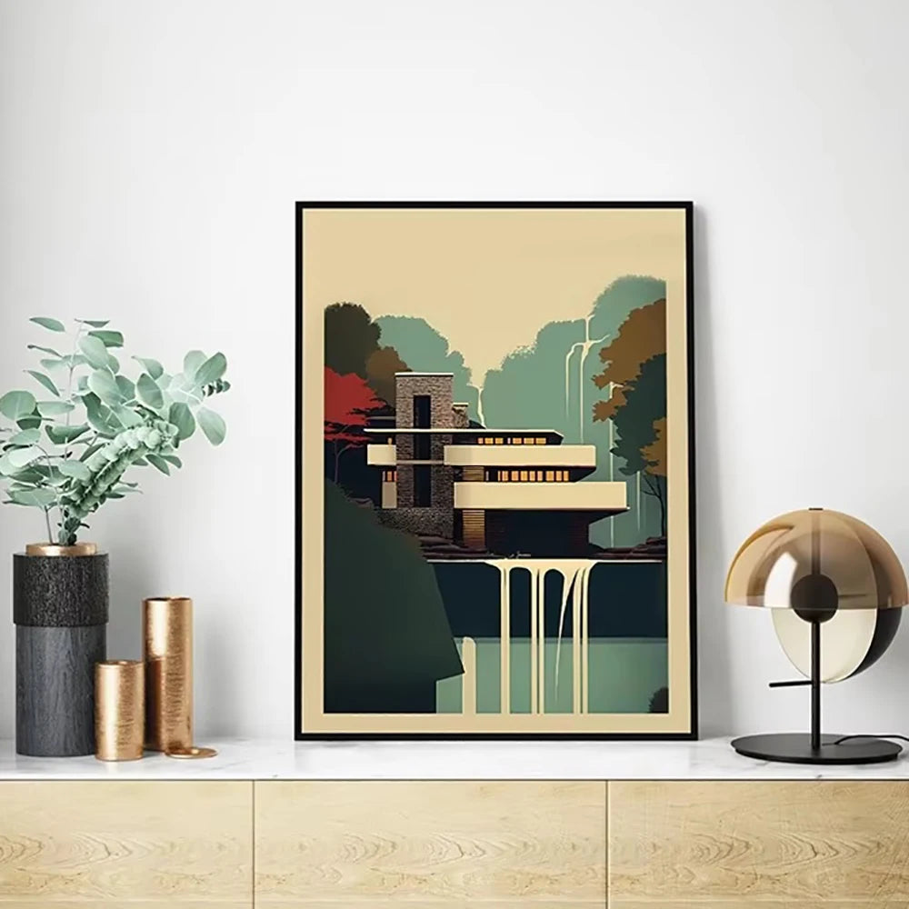 Classic Architecture Abstract Poster Prints Minimalist Fallingwater House Bauhaus Canvas Painting Wall Art Pictures Home Deco
