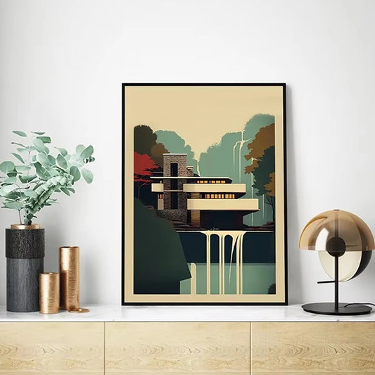 Classic Architecture Abstract Poster Prints Minimalist Fallingwater House Bauhaus Canvas Painting Wall Art Pictures Home Deco