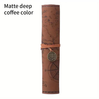 Vintage Treasure Map Roll Pencil Case – Large Capacity Leather Stationery Bag with Embossed Buckle