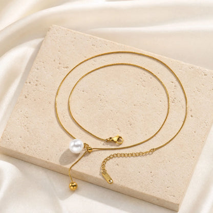Pearl Lariat Necklace for Women, Gold Plated Stainless Steel Adjustable Slide Chain Y Necklace with Pearl Charm, Dainty Jewel