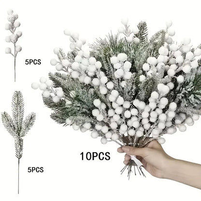 10Pcs Christmas Decoration Artificial Pine Branches Holly Berries Red Berry Branches for Christmas Tree Wreath Gifts Decorati