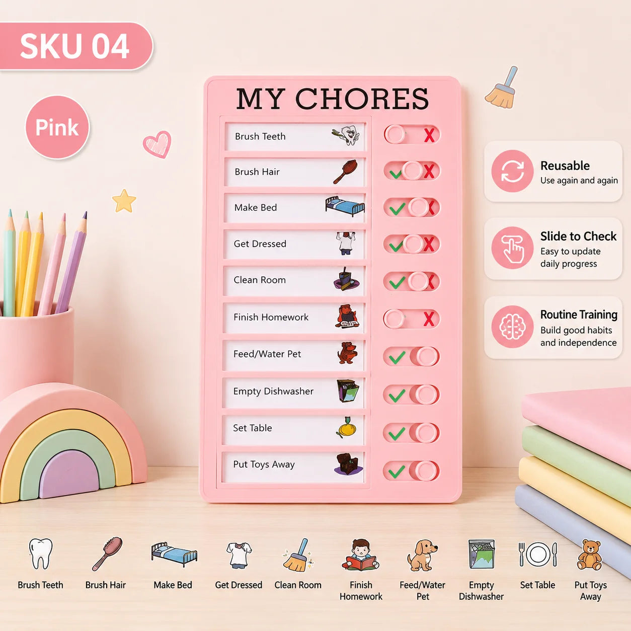 Self Discipline Checklist Board, Replaceable Plastic Chore Chart for Kids Adults, Summer Task Planner & Daily Habit Tracker -