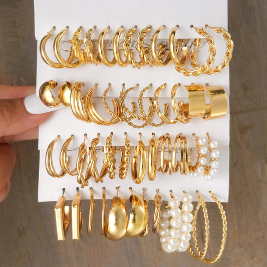 New 24 Pairs Earrings Set for Women Gold Color Bohemia Vintage Pearl Circle Geometric Hoop Earring Trendy Luxury Jewelry Gift