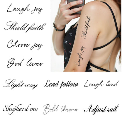 Tattoo Stickers English Word Waterproof Long Lasting Realistic Transfer Temporary Black Letters Feather Body Art For Men Wome