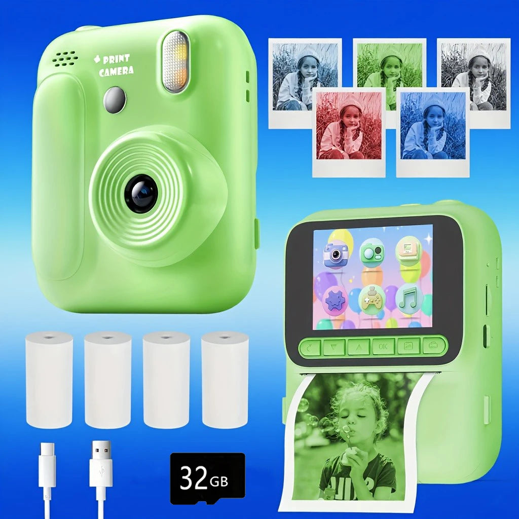 Color Printing Camera Kids Instant Camera 32GB 1080P Thermal Print Digital Camera Print Photo Video Games Music Children Gift