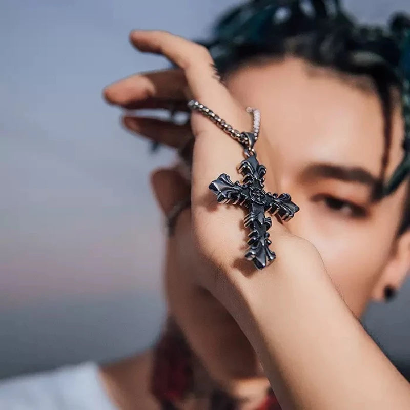 Fashion Stainless Steel Jewelry Set for Men Unisex Vintage Silver Color Cross Pendant Necklace, Bracelet Sets Punk Streetwear