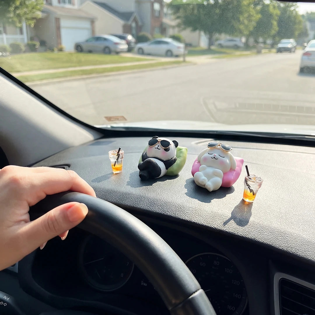 Cute Panda & Bunny Car Dashboard Decor Relaxed Resin Animal Figurines for Car Interior Decor & Home Office Desk Mini Statues