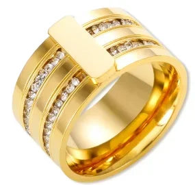 Crystal High End Non Tarnish Fashion Geometric Open Gold Plated Stainless Steel Rings for Women Wedding Ring Jewelry - A21 Go