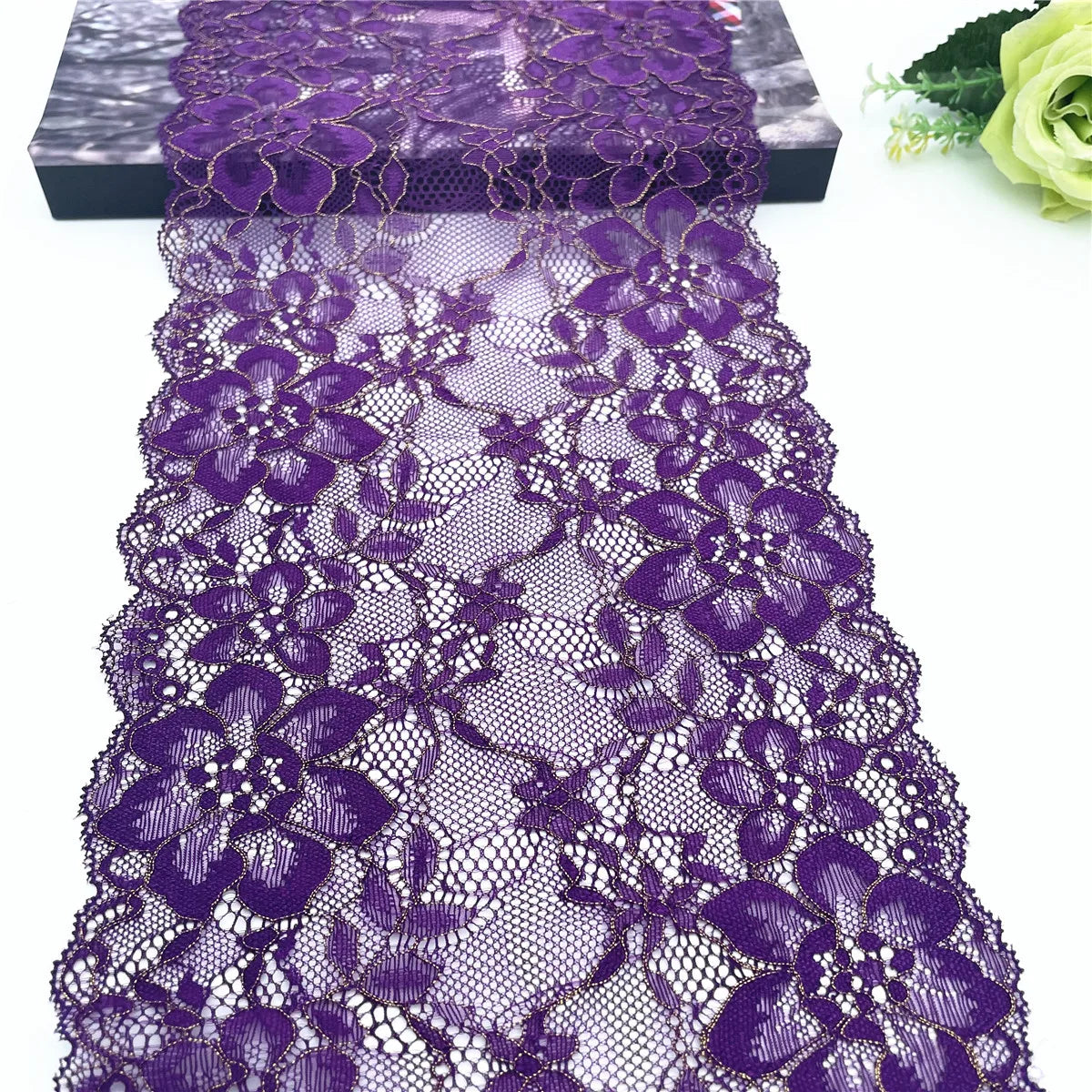 3y/lot Width 17.50cm Dark Purple Gold Elastic Stretch Lace For Skirt Hem Underwear Sewing Craft DIY Apparel Fabrics Material