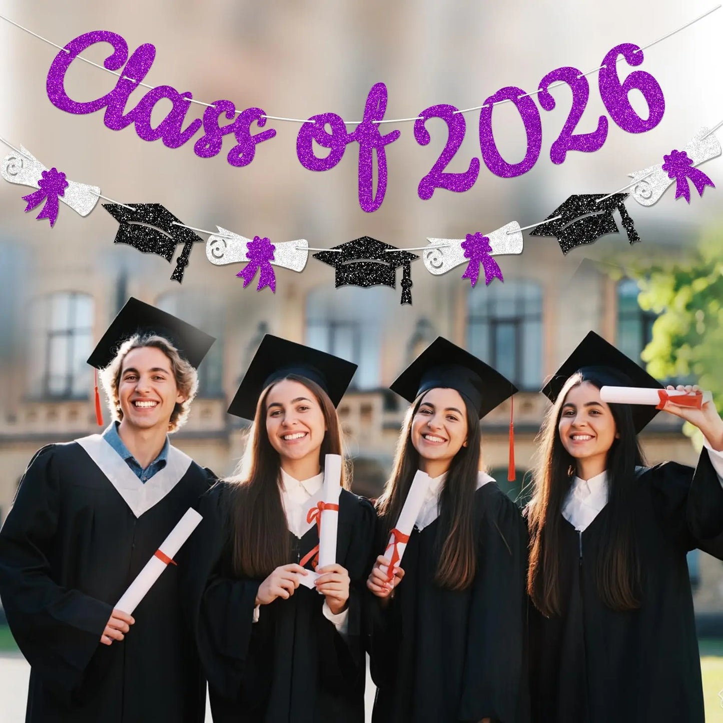 Glitter Gold/Blue/Purple/Red Class of 2026 Banner Graduation Sign with Grad Cap Garland for 2026 Graduation Party Decorations