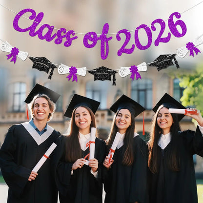 Glitter Gold/Blue/Purple/Red Class of 2026 Banner Graduation Sign with Grad Cap Garland for 2026 Graduation Party Decorations