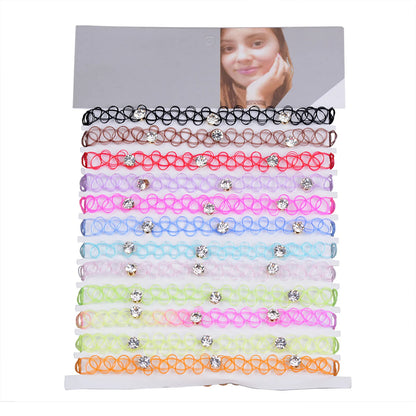 12pcs/lot Vintage Hippy Stretch Tattoo Choker Necklace Elastic Chocker Necklace Fishing Line Tattoo Colorful Necklace - Style