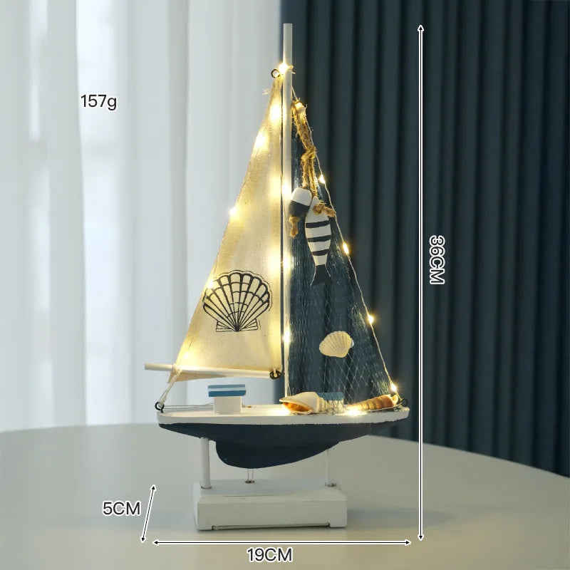 Retro Mediterranean Style Wooden LED Sailing Boat Model Creative Ocean Style Desktop Ornament Crafts Small Boat Home Decor Gi