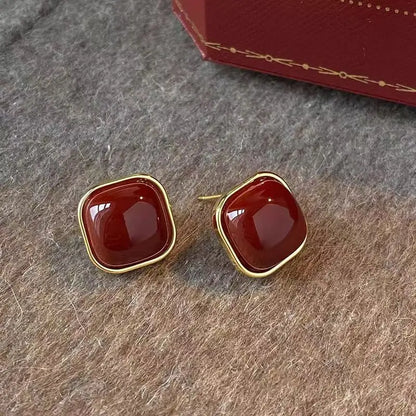 Vintage Enamel Wine Red Metal Stud Earrings for Women Fashion Geometric Square Earrings Elegant Wedding Jewelry Accessories