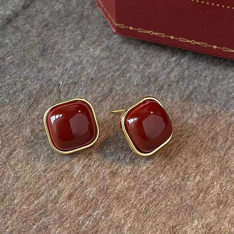 Vintage Enamel Wine Red Metal Stud Earrings for Women Fashion Geometric Square Earrings Elegant Wedding Jewelry Accessories -