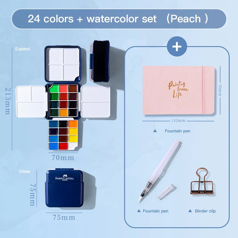 Faber Castell Semi-Dry Solid Watercolor Paints Set For Beginners Student Art Supplies Tin Box Portable 24 Colors Drawing Tool