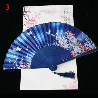 1Pc Vintage Silk Folding Fan Retro Chinese Japanese Bamboo Folding Fan Tassel Dance Hand Fan Home Decoration Ornament Craft G