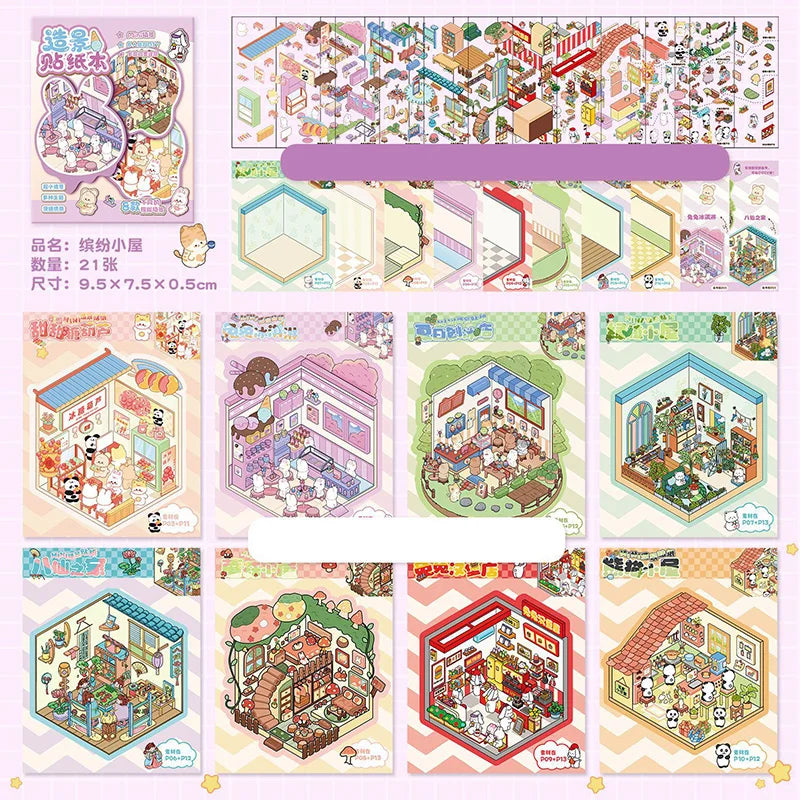 21-Piece Cartoon Miniature Scene Sticker Book - Mini 3D Cottage Journal Materials, DIY Creative Handmade Collage Decals - S29