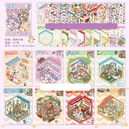 21-Piece Cartoon Miniature Scene Sticker Book - Mini 3D Cottage Journal Materials, DIY Creative Handmade Collage Decals - S29