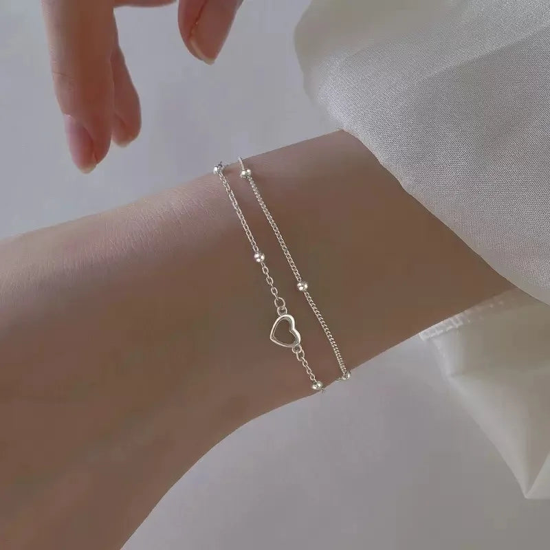 925 Sterling Silver Hollow Heart Bracelets For Women Girls Vintage Korean Design Double Layer Beads Bracelet Party Jewelry Gi