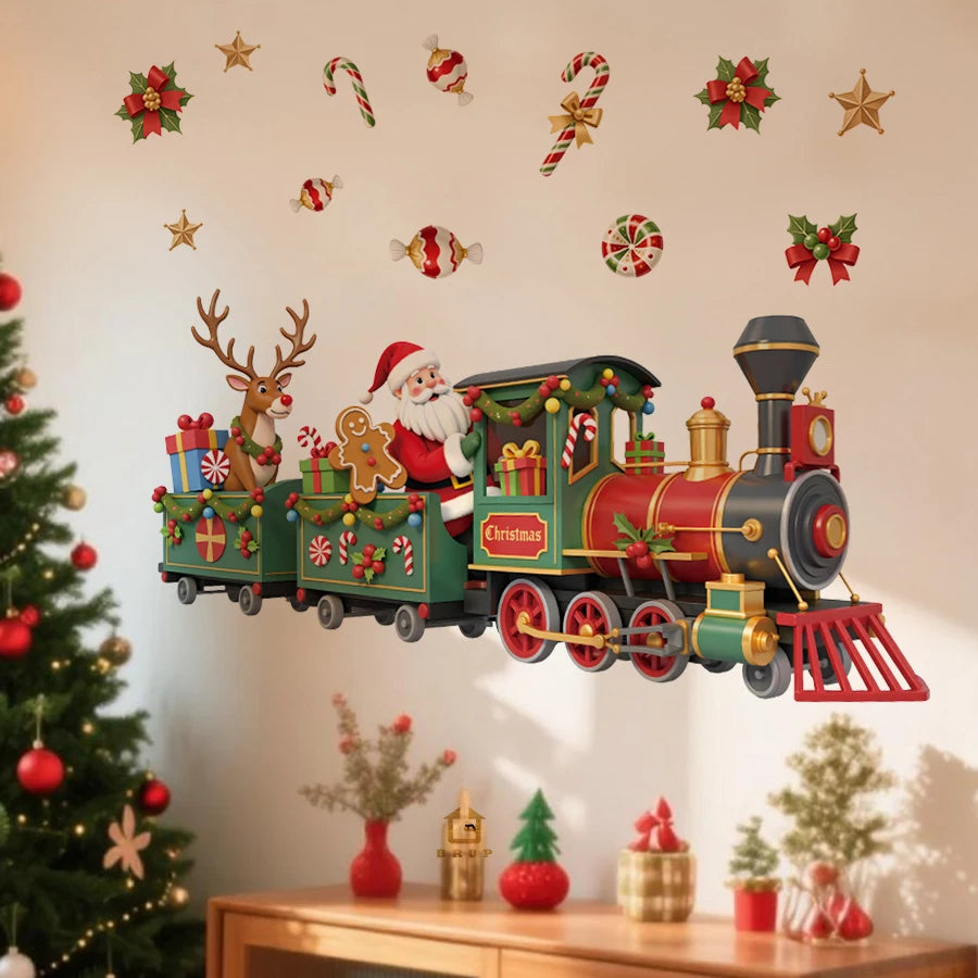 Whimsical Santa Train Christmas Wall Stickers With Candy Holly Removable Self-Adhesive For Kids Room Restaurant Shop Decor