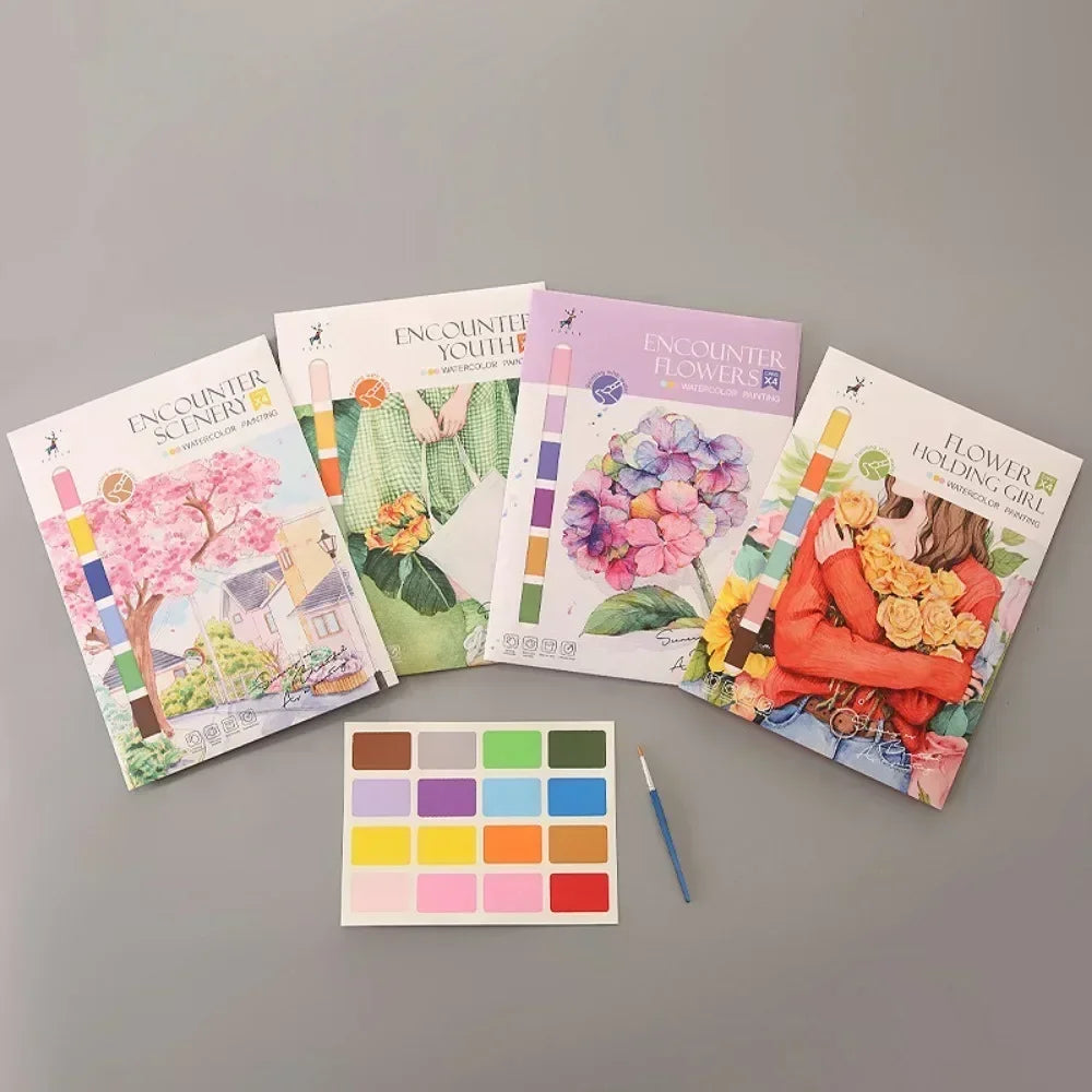 Portable Watercolor Painting Book 4 Sheets Coloring Book with Paint Brush Gouache Book Kids Graffiti Picture Drawing Statione