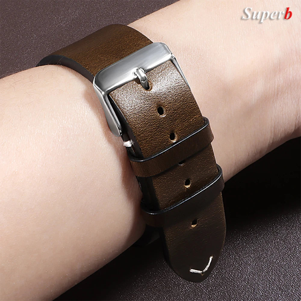 18mm 20mm 22mm Vintage Oil Wax Leather Watchband 19mm 21mm 24mm Universal Stitching Cowhide Strap for Seiko for Omega Watch B