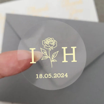 50 X Foiled Wedding Monogram Initials Stickers, Personalised Wedding Favour Labels, Custom Shiny Foil Gold Transparent