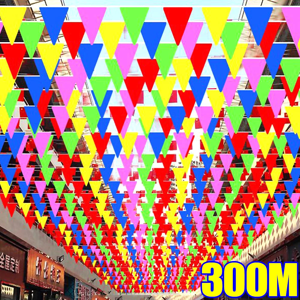 300M Multicolored Triangle Flags Bunting Banner Nylon Fabric Pennant Festival Outdoor Colorful Home Wedding Hanging Decoratio