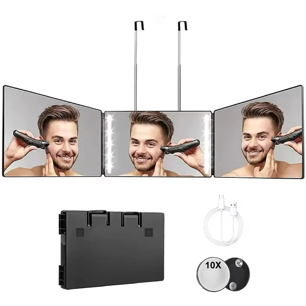 Travel Portable 360° Trifold Vanity Makeup Mirror with Height Adjustable Telescoping Hook for Hair Self Cutting, Shaving, Gif