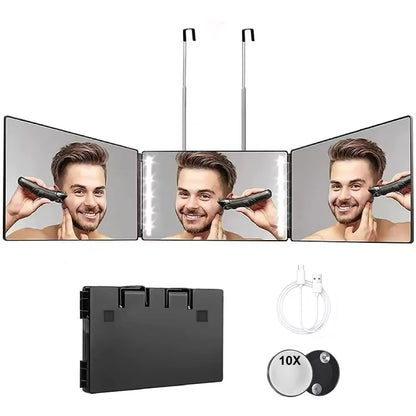 Travel Portable 360° Trifold Vanity Makeup Mirror with Height Adjustable Telescoping Hook for Hair Self Cutting, Shaving, Gif