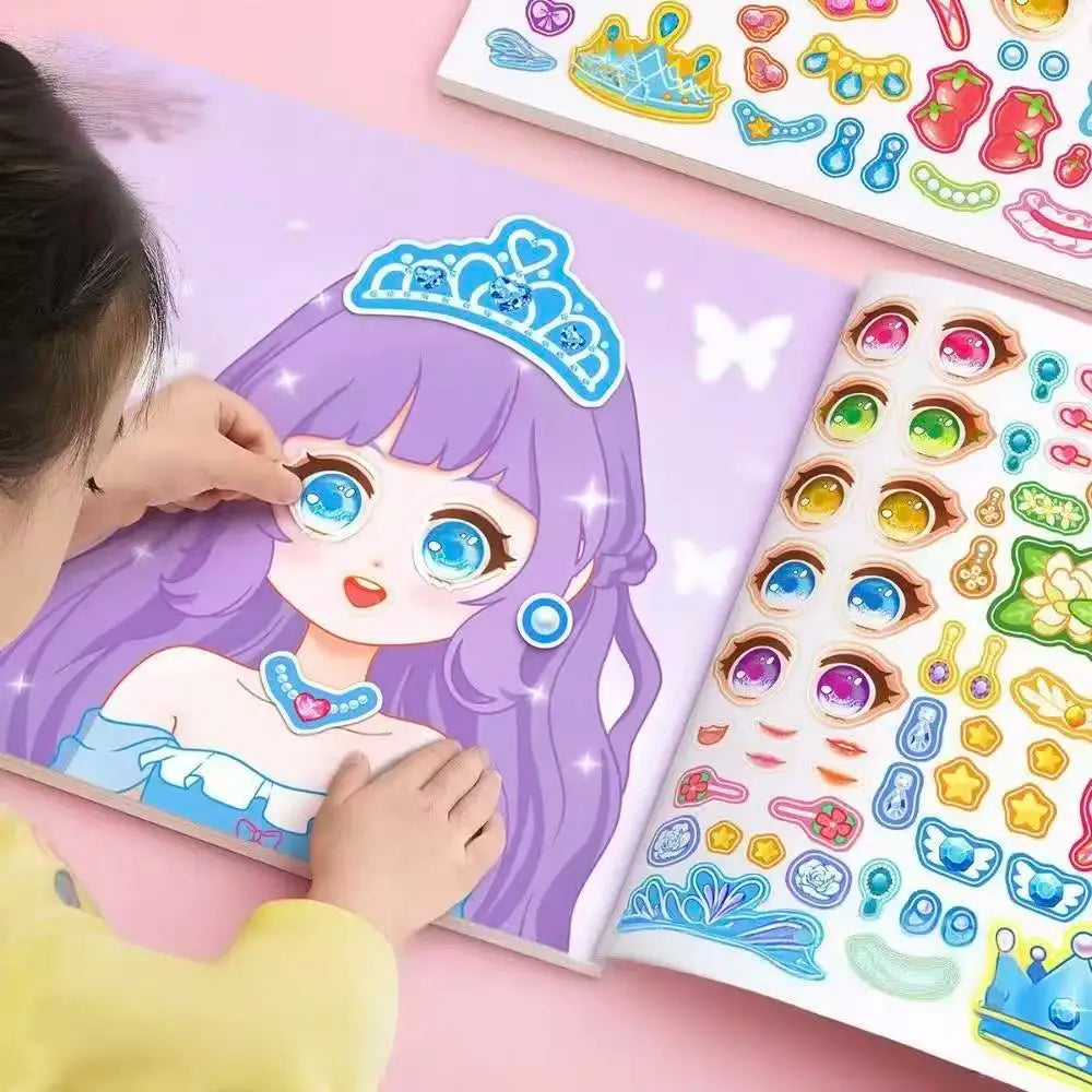 Stickers Book Handicrafts Creative Kids Stickers 15 Pages Toy Puzzle Reusable for Girls Cartoon Princess Make A Face Stickers
