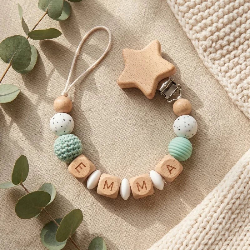 Personalized Pacifier Clip Custom Name Silicone Wooden Beads Baby Teether Chain Soother Holder BPA Free Newborn Baby Shower G