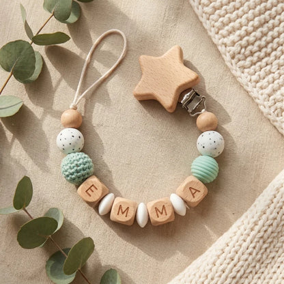 Personalized Pacifier Clip Custom Name Silicone Wooden Beads Baby Teether Chain Soother Holder BPA Free Newborn Baby Shower G