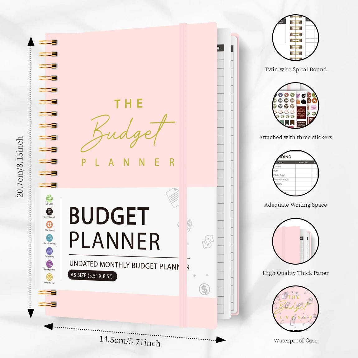 A5 Budget Planner Book with 3 Sheets Stickers, Undated Monthly Finance Organizer, Budget Journal for Money Management, Cash F