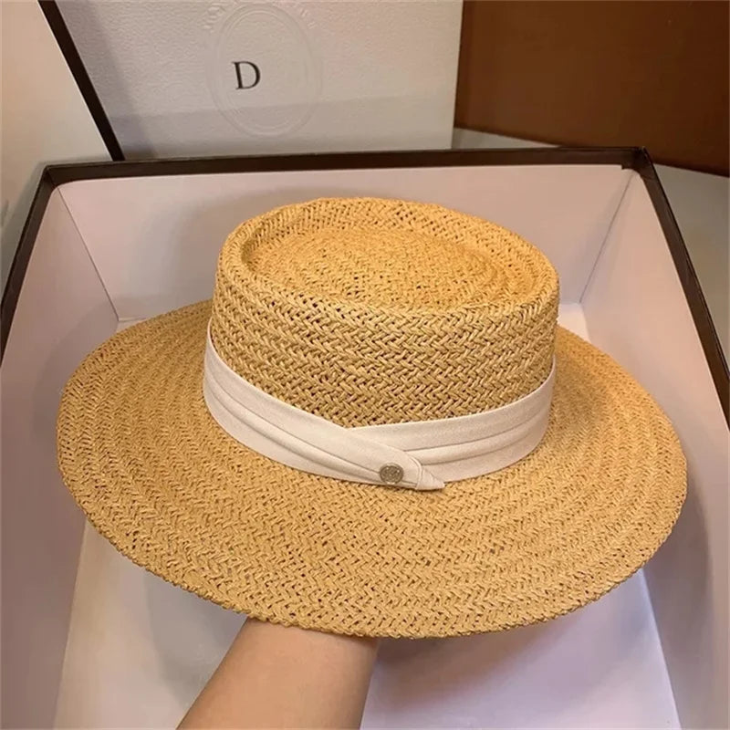 Boater Straw Hat wide brim French elegant square ribbon women's sun hat holiday straw hat 모자 햇빛 가리개 - 9